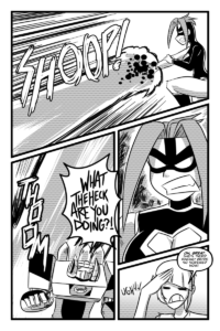 Mega Maiden shoots out a huge blast towards the mech Blitzshell but he dodges it. We see Mega Maiden is in a blind rage. Dee Dee looks stressed as she realizes that Mega is in a "Nerd Rage" and will be unreasonable.