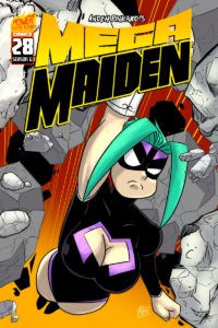 Cover of Mega Maiden #28, it shows Mega maiden flying through the moon's debris