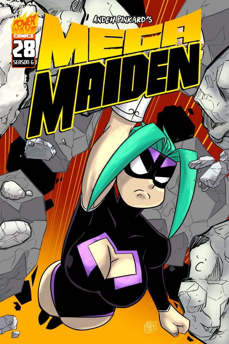 Cover of Mega Maiden #28, it shows Mega maiden flying through the moon's debris