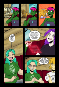 Panel 1 star stuffing pizza down her throat. Panel 2 star forcing to swallow it. Panel 3 she belches loudly Panel 4 Isis laughing ISIS (): haha pizza party's over, I guess. Panel 5 little holo alert goes off on Doomcloud. DOOMCLOUD (): aww, man... sorry, guys but we gotta go deal with this "crisis" alert. we'll try to drop by soonish. Panel 6 mega looking sad. ISIS (): go get 'em, girl. and give them crims an extra punch for me! DOOMCLOUD (OFF SCREEN): haha will do!