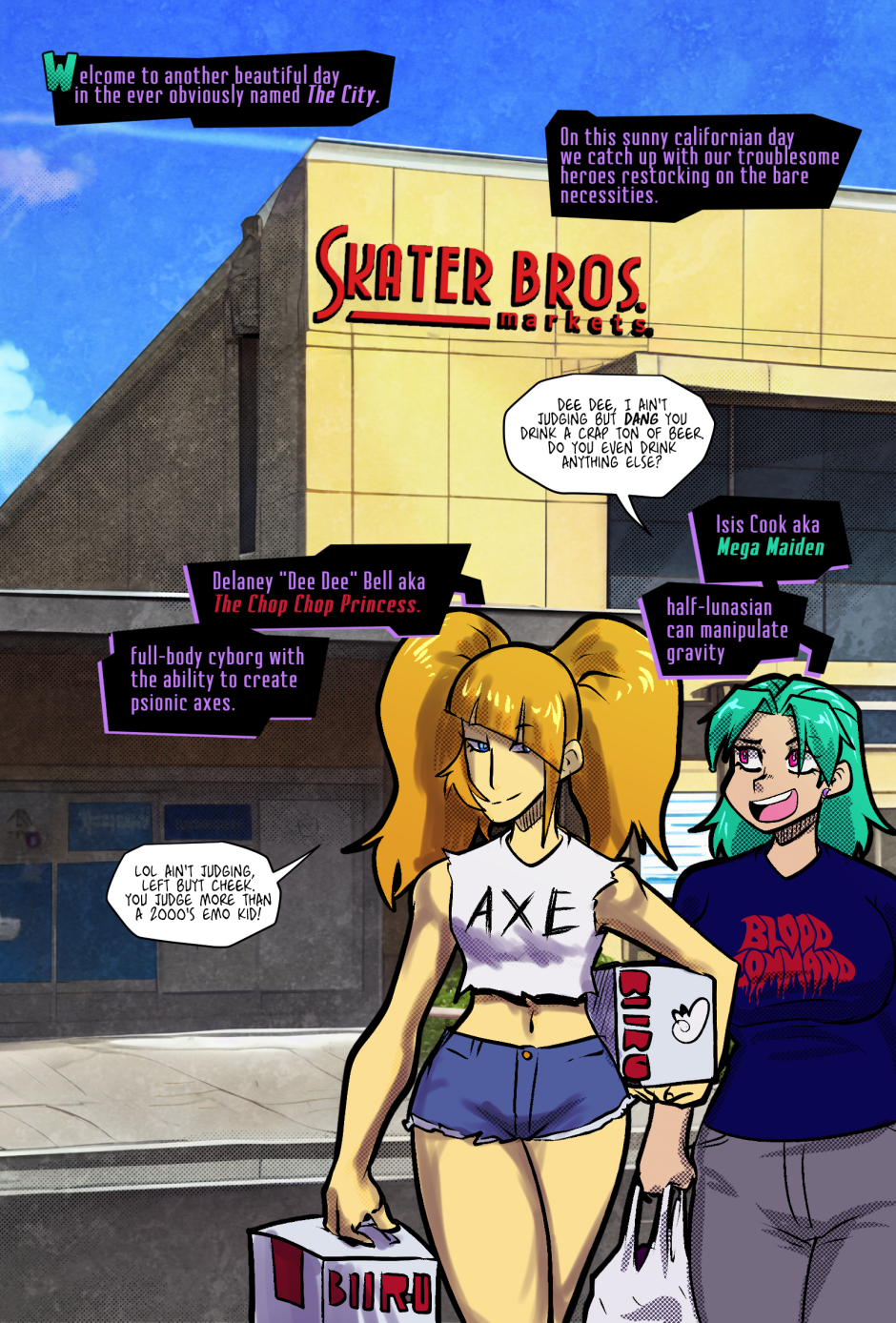 The girls are seen leavimg their local Skater bros supermarket with some cases of biiru brand beer and a back of groceries.