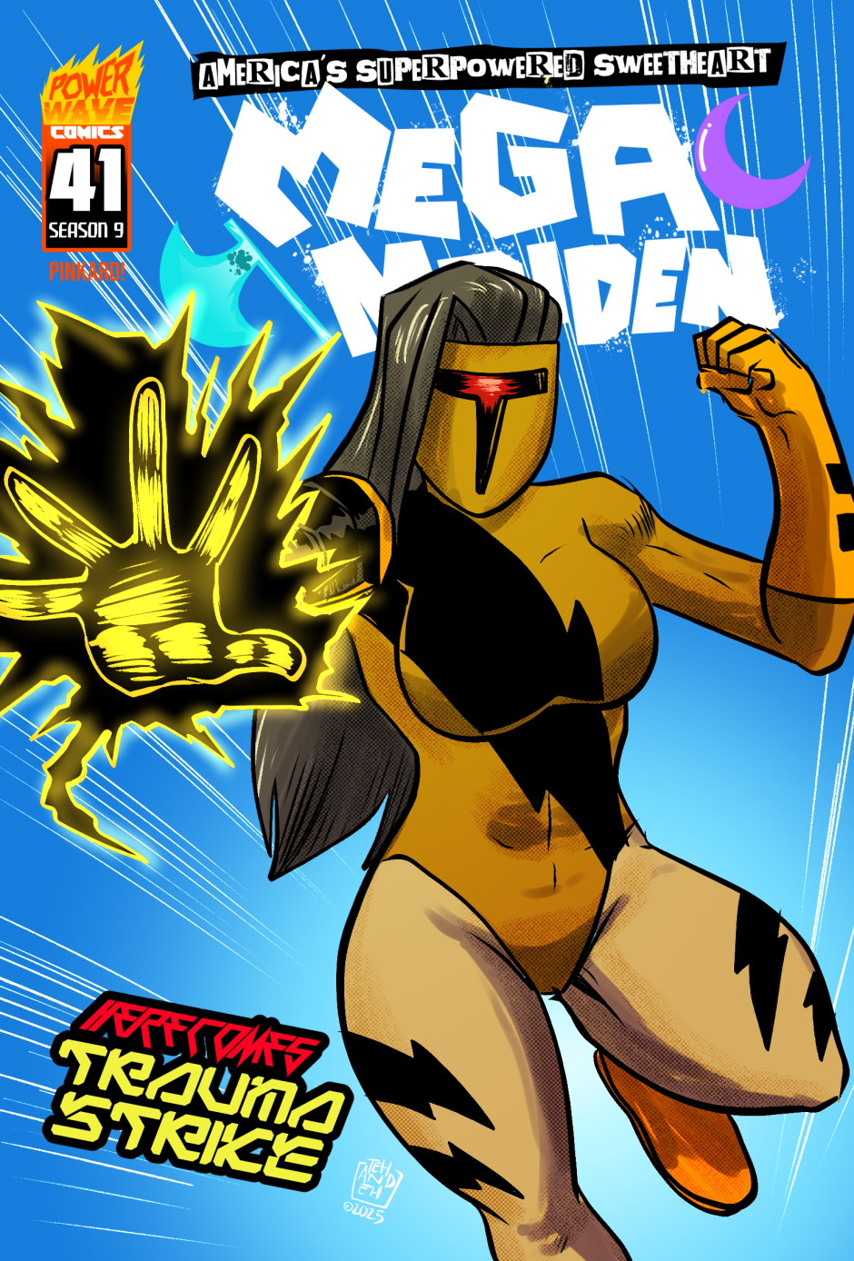Cover for Mega Maiden chapter 41. it features new villainess Trauma Strike, leaping forward and blasting towards the viewer